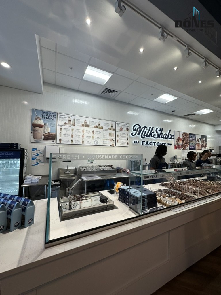 Finished Milkshake Factory display counter, menu boards and illuminated brand signage