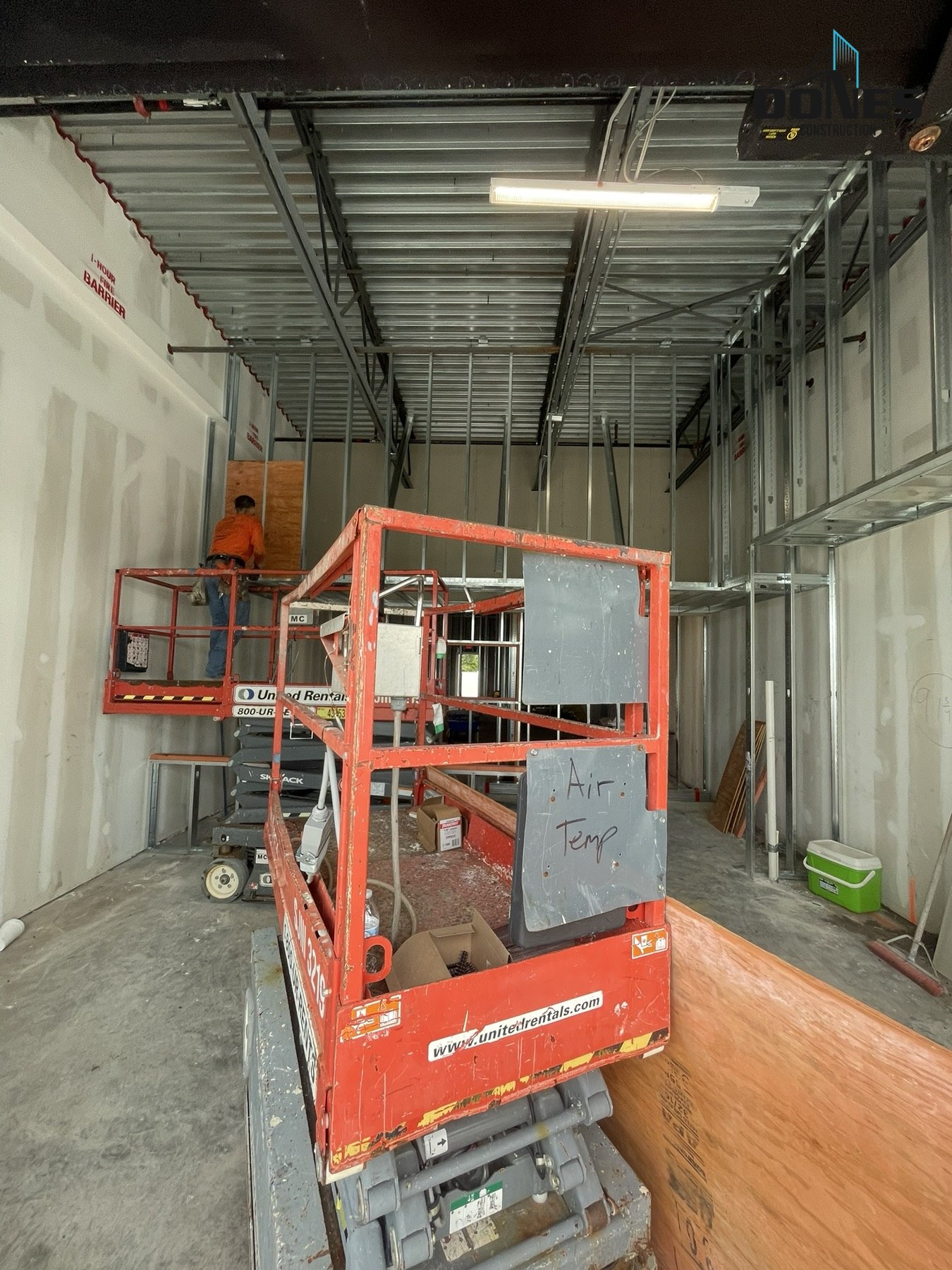 Interior framing progress with lifts inside the Wing Snob build-out